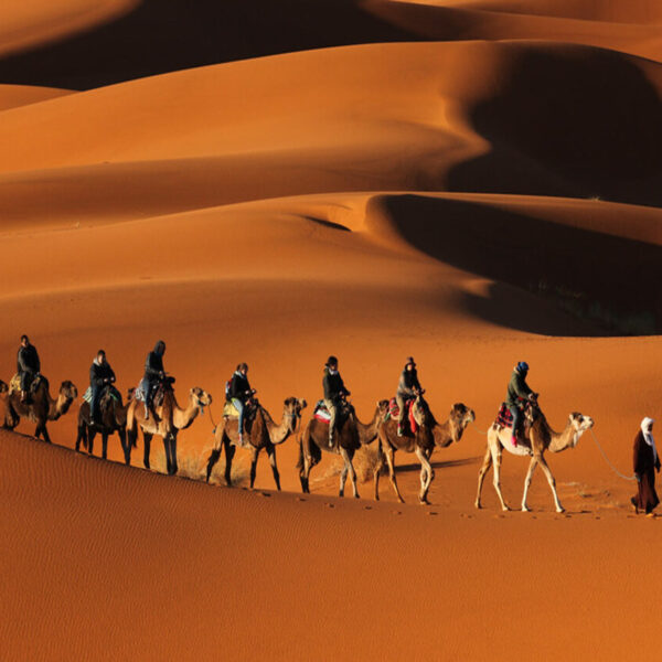 Gente montando camellos en el desierto de Merzouga durante el viaje de 10 días por Marruecos.