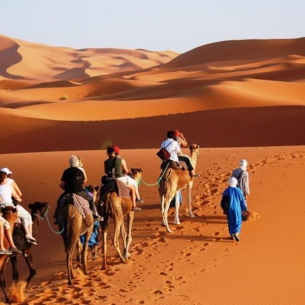 Travelers during their camel trekking in the Merzouga desert with our 14 day Morocco tour from Casablanca