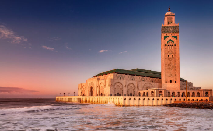 Hassan 2 mosque in Casablanca during our 14-day tour in Morocco.