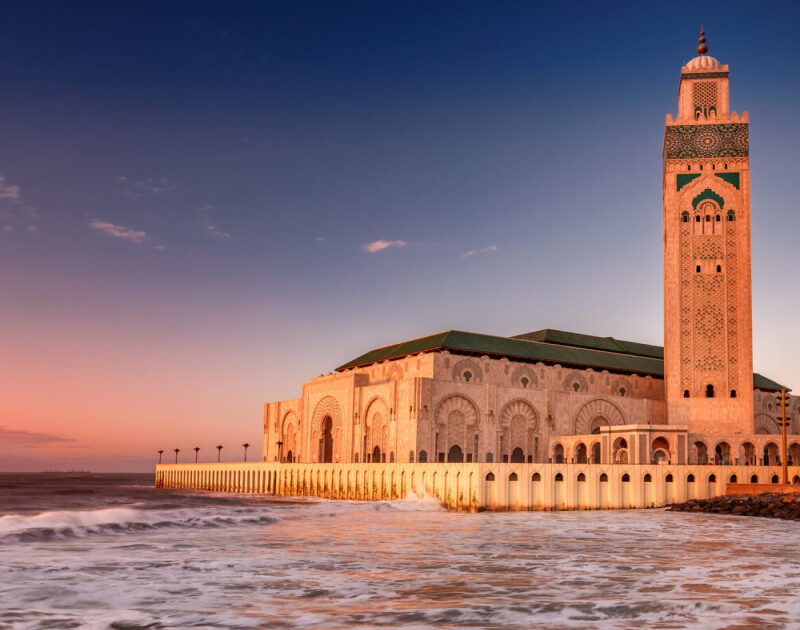 Hassan 2 mosque in Casablanca during our 14-day tour in Morocco.