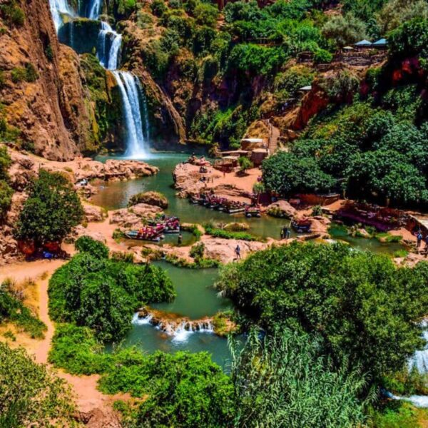 The lush green Ouzoud waterfalls in Morocco with our day trip from Marrakech.