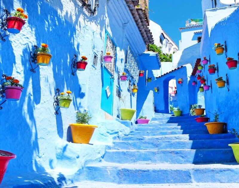 Blue street in Chefchaouen during a day trip from Fes.