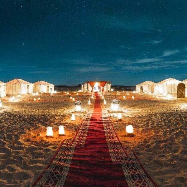 Desert camp at night during the 3 day desert tour from Fes to Marrakech.