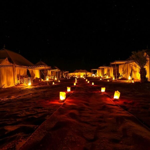 Desert camp in Merzouga at night during our desert tour from Agadir.