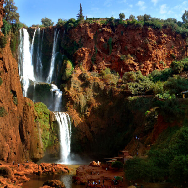Ouzoud Waterfalls in the Atlas mountains during our 14-day Morocco tour from Casablanca.