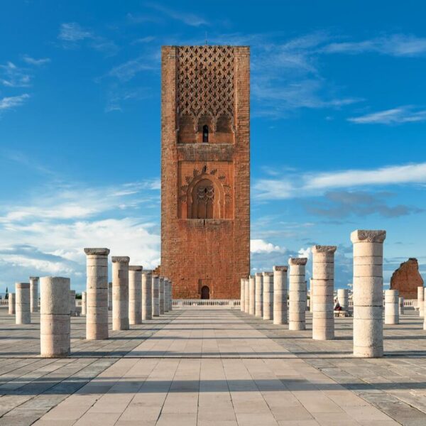 Hassan Tower in Rabat during our 7-day tour from Marrakech to Merzouga and Chefchaouen.