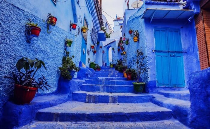 Blue street in Chefchaouen during our 2-day tour from Fes.