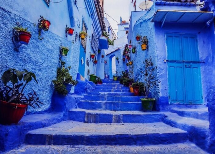 Blue street in Chefchaouen during our 2-day tour from Fes.