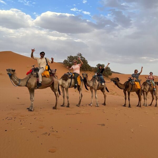 Carovana di cammelli nel deserto di Merzouga.