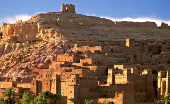 Panoramic view of the Ait Benhaddou Kasbah in Morocco during the 5-day tour from Tetouan to Marrakech.