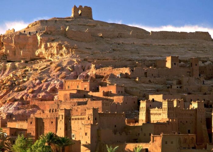 Panoramic view of the Ait Benhaddou Kasbah in Morocco during the 5-day tour from Tetouan to Marrakech.