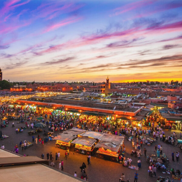 Jamaa El Fna Square in Marrakech: an attraction of the 7-day trip from Fes to Marrakech.