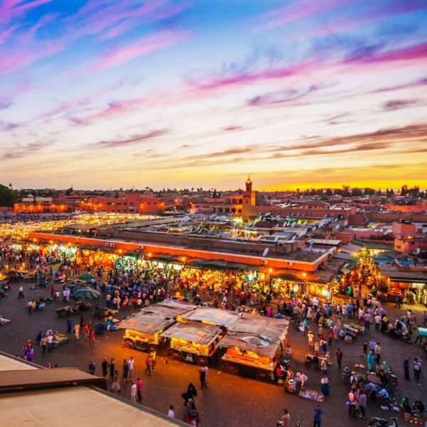 Jamaa El Fna square during evening time in Marrakech.