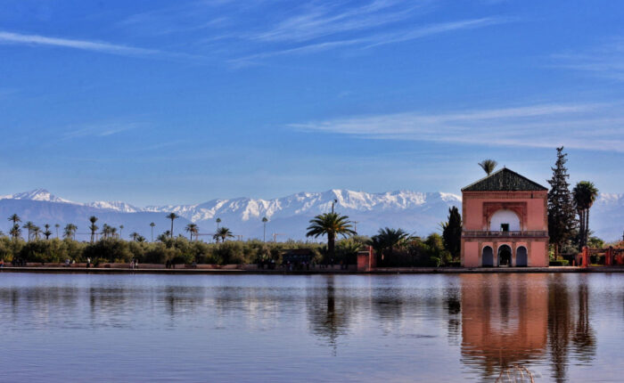 Menara Garden in Marrakech with snowy mountain peaks in the back during our 6-day desert tor from Agadir.