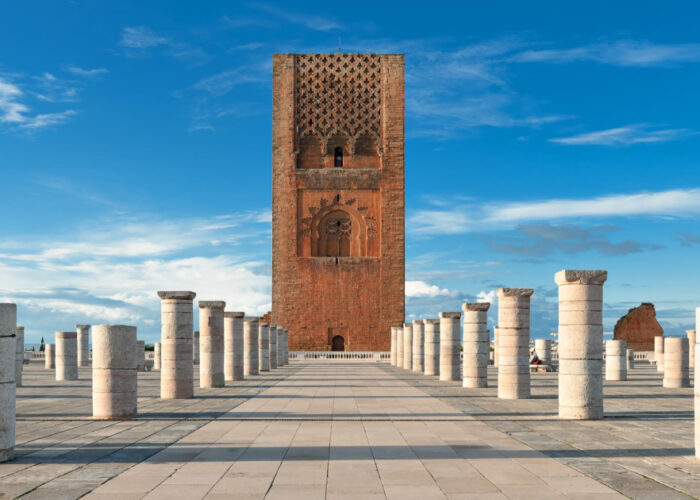 The minaret of Hassan Tower in Rabat during our 5-Day Desert Tour From Casablanca.