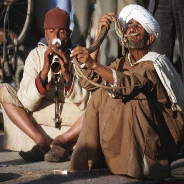 Due incantatori di serpenti a Marrakech durante il viaggio di 10 giorni da Tangeri a Marrakech.