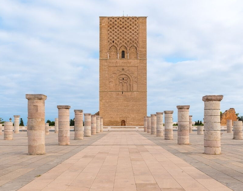 The Minaret of Hassan Tower in Rabat: an attraction of the 8-day desert tour from Marrakech and imperial cities.