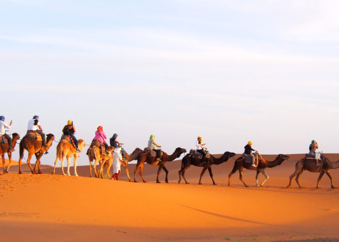 Una carovana di cammelli nel deserto di Merzouga durante il tour di 5 giorni da Fes a Marrakech.