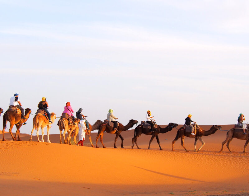 Una caravana de camellos en el desierto de Merzouga durante el viaje de 5 días de Fez a Marrakech.