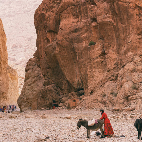 Una mujer nómada con sus burros en las gargantas del Todra.