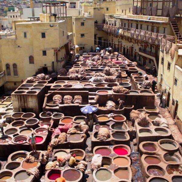 The tanneries in Fes: an attraction of the 7-day tour from Marrakech to Tangier.