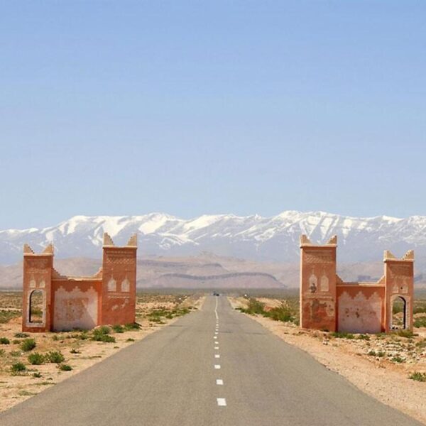 A gate in the middle of nowhere with snowy peaks.