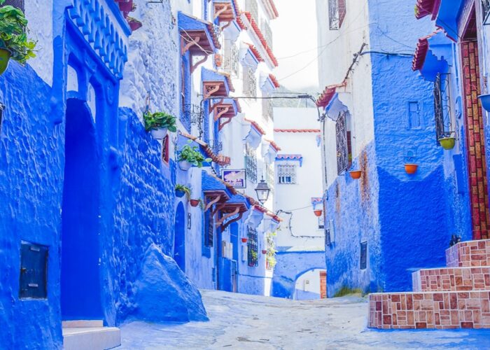 A blue street in Chefchaouen during the 10-day Morocco tour from Marrakech.