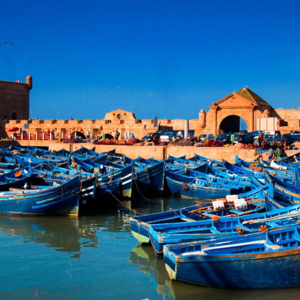 Blue boats in the port of Essaouira.