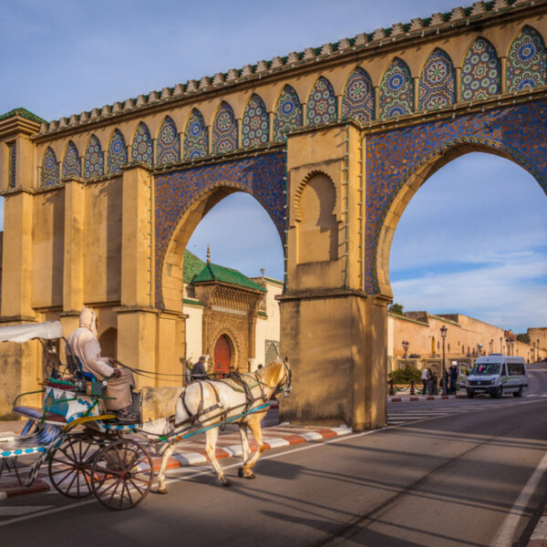 Horse-drawn going through the big gates of Meknes in Morocco.