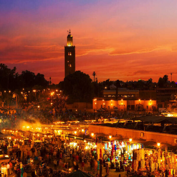 The square of Jamaa El Fna in Marrakech during our 12-day tour.