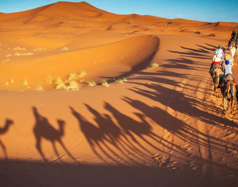 Trekking con i cammelli nel deserto di Merzouga durante il tour di 2 giorni da Marrakech a Fes.