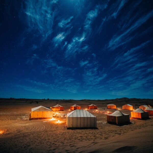 A desert camp in Erg Chebbi at night under the stars