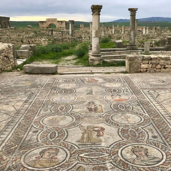 Suelo de mosaico de la antigua ciudad de Éfeso en Volubilis, Marruecos.