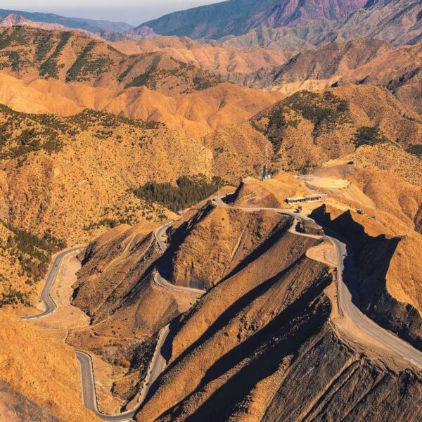 A winding mountain road on the Marrakech to Ait Benhaddou day trip.