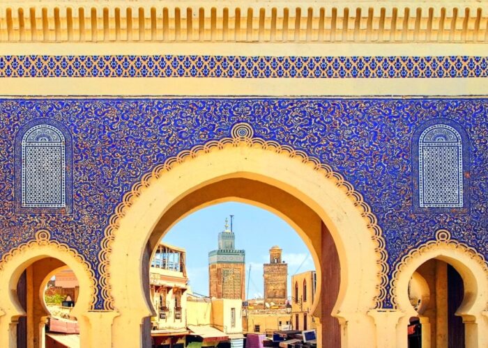 The blue gate in Fes during the 3-day desert tour from Tangier to Marrakech across the blue city.